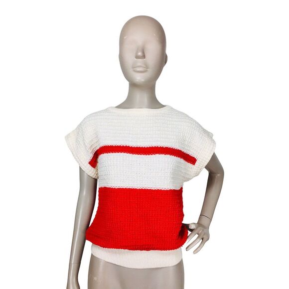 Vintage 80s Liz Sport Color Block Waffle Knit Short Sleeve Pullover Sweater Top - Picture 4 of 7